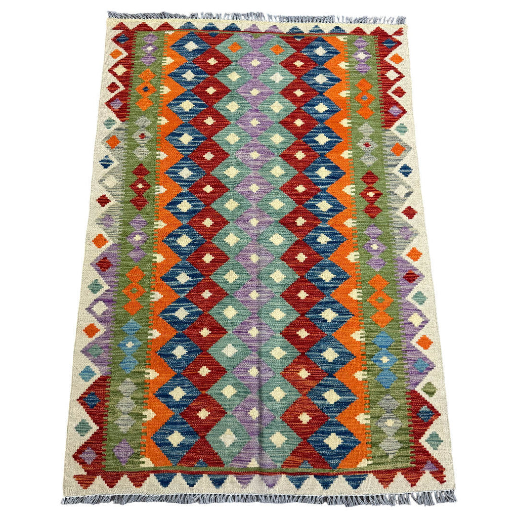 145 × 100 cm Hand-Woven Afghan Kilim Rug – Wool Flatweave