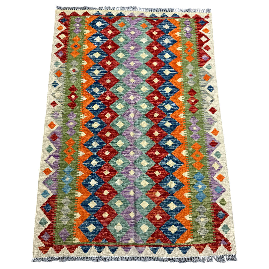 145 × 100 cm Hand-Woven Afghan Kilim Rug – Wool Flatweave