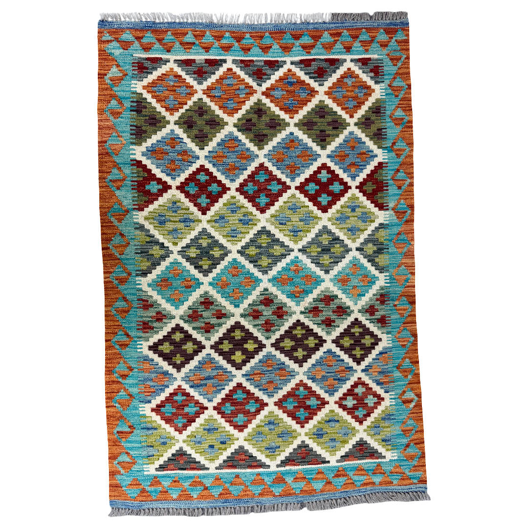 155 × 103 cm Hand-Woven Afghan Kilim Rug – Wool Flatweave