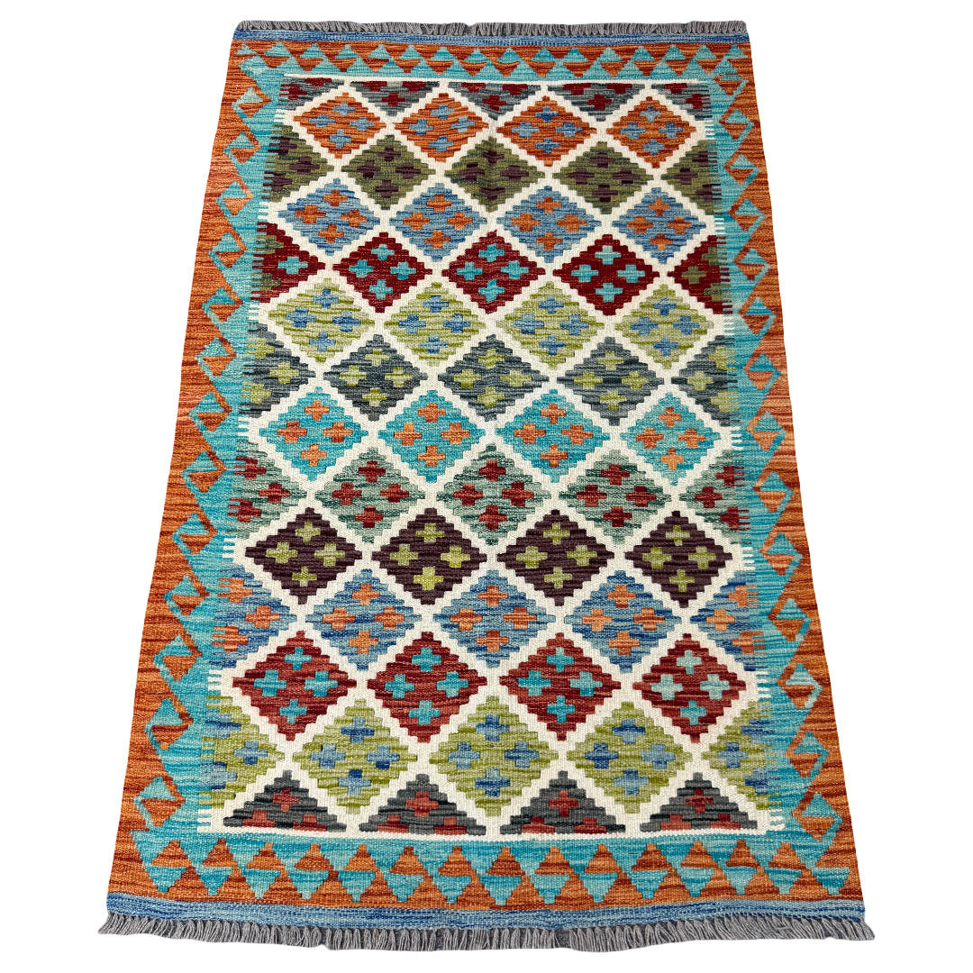 155 × 103 cm Hand-Woven Afghan Kilim Rug – Wool Flatweave