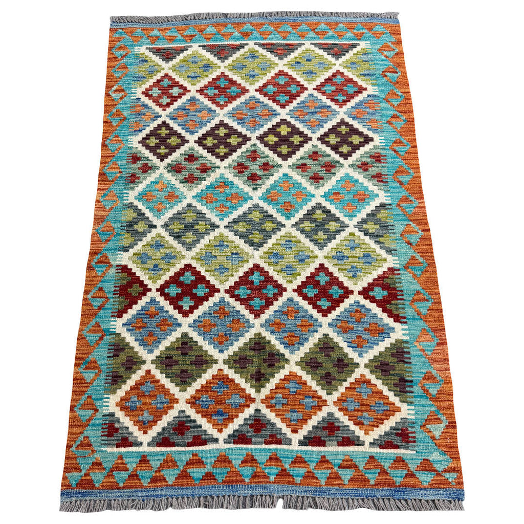 155 × 103 cm Hand-Woven Afghan Kilim Rug – Wool Flatweave