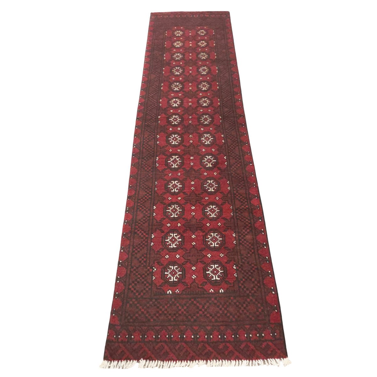 289 x 75 cm Hand-Knotted Red Afghan Akche Runner Rug