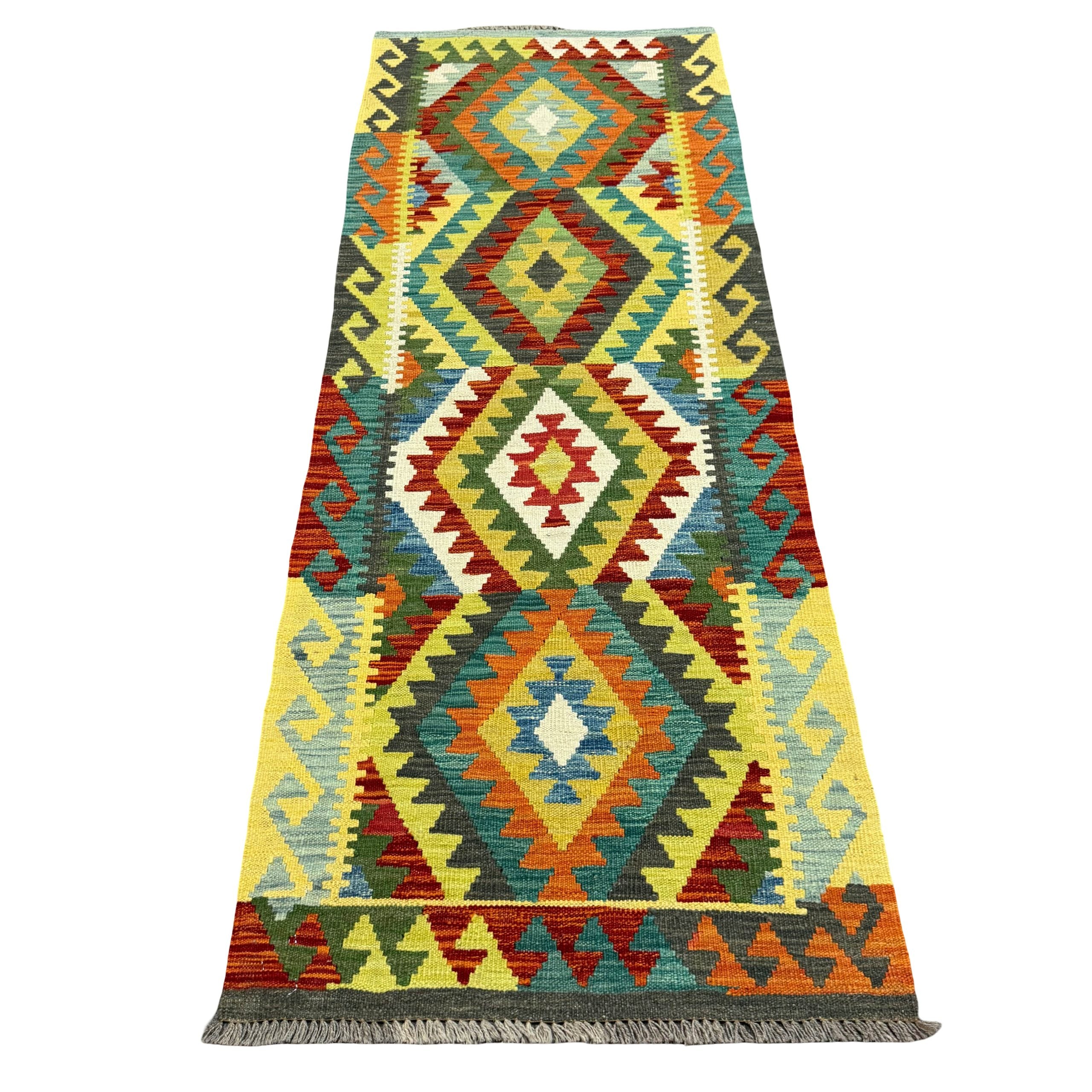 203 x 75 cm Hand-Woven Afghan Kilim Runner Rug – Wool Flatweave