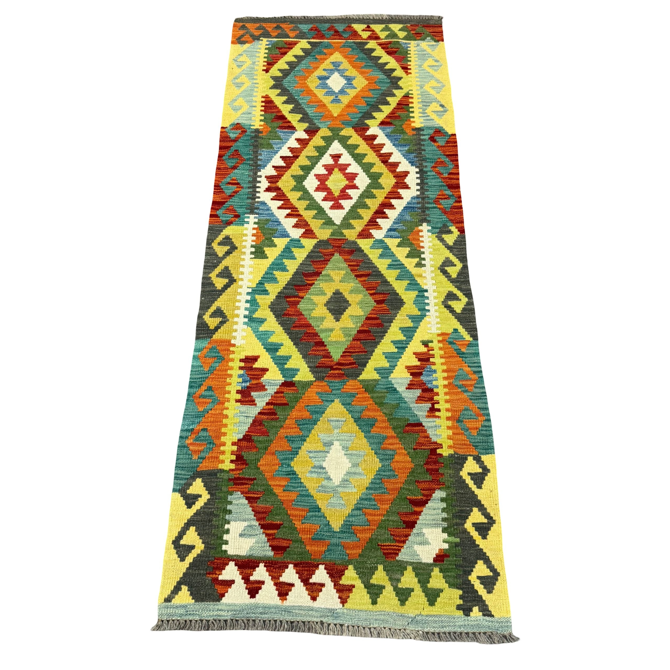 203 x 75 cm Hand-Woven Afghan Kilim Runner Rug – Wool Flatweave