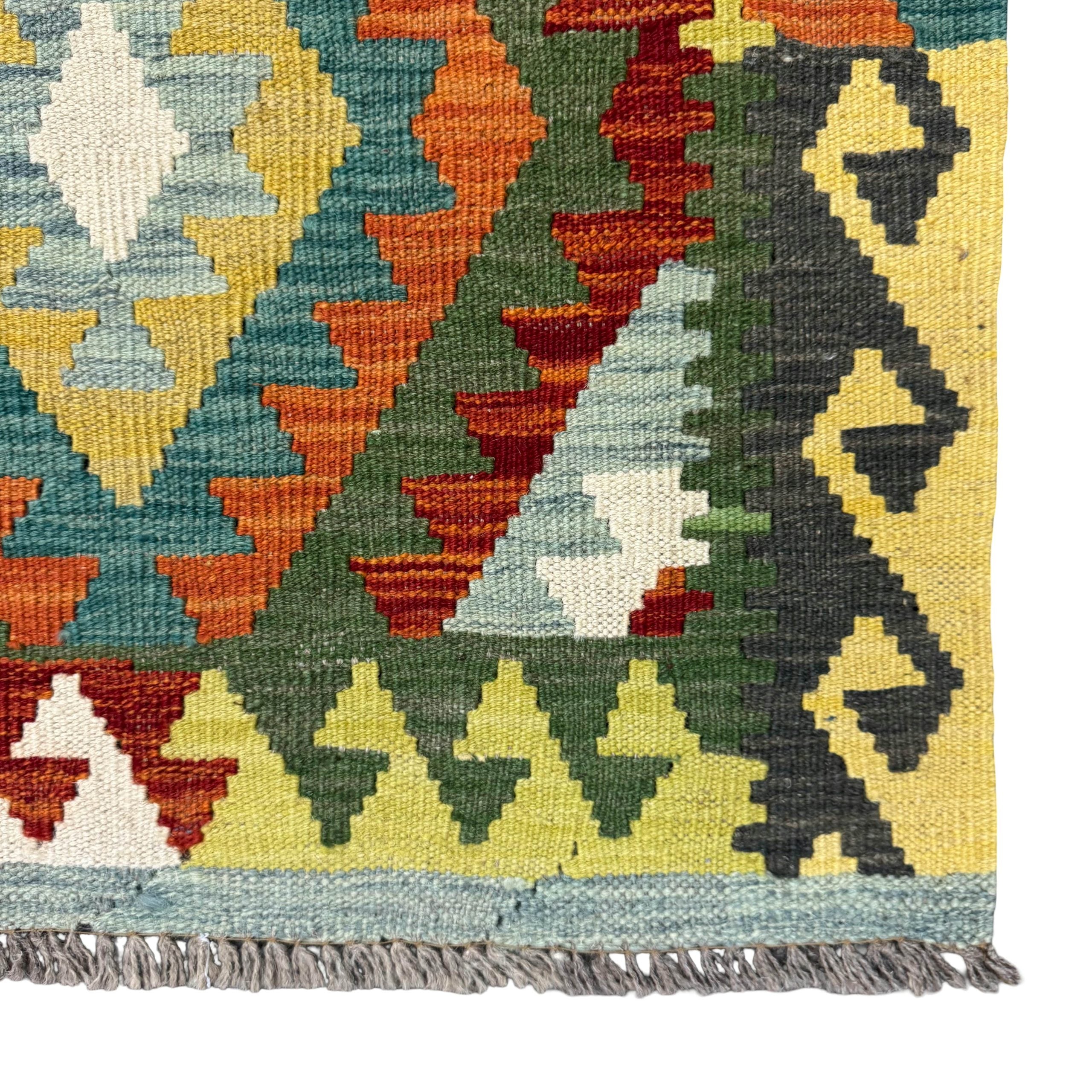 203 x 75 cm Hand-Woven Afghan Kilim Runner Rug – Wool Flatweave