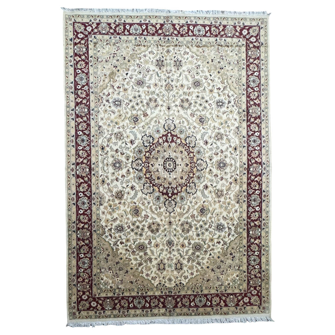 275 x 186 cm Hand-Knotted Vintage Persian Kashan Cream Wool Rug