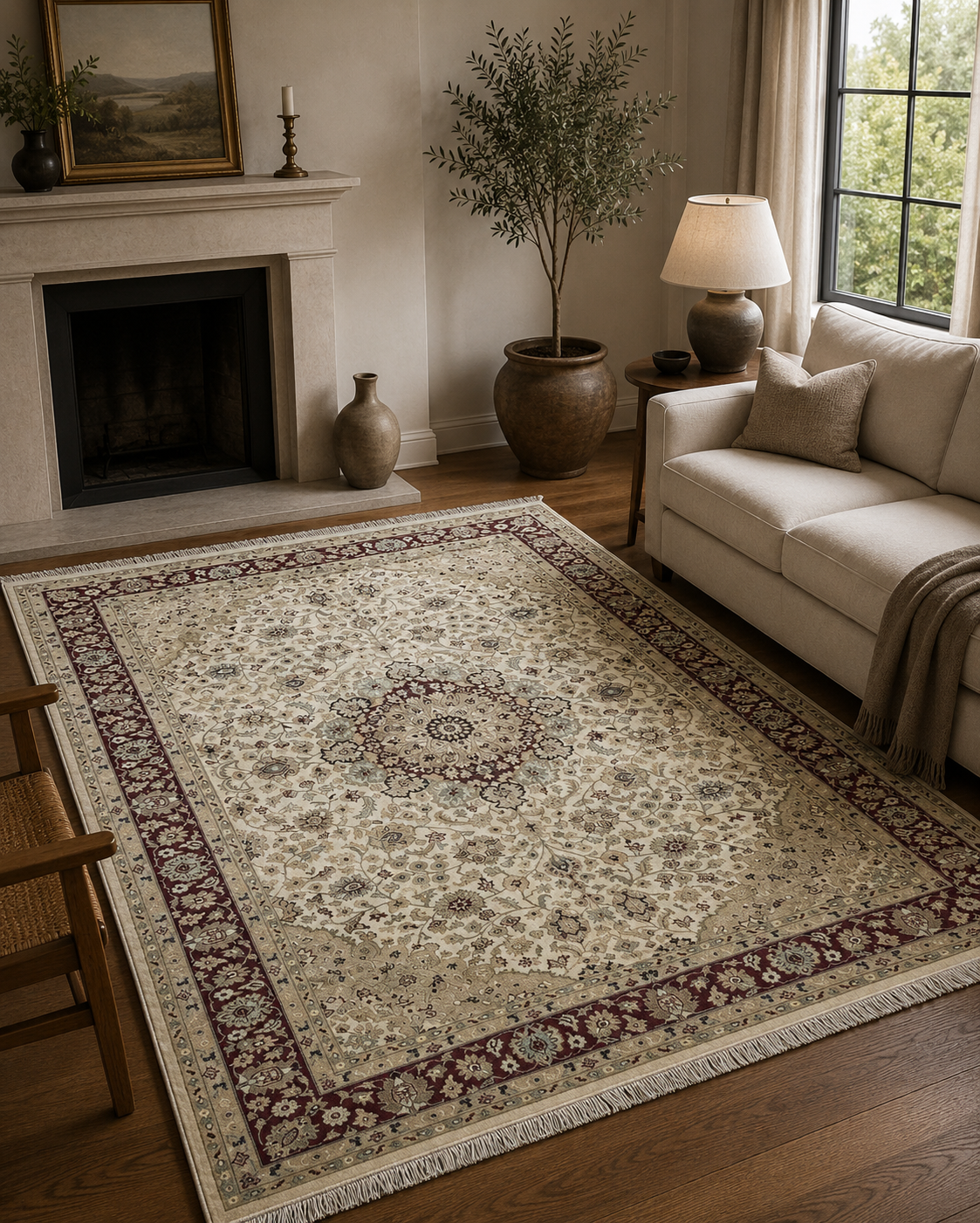 275 x 186 cm Hand-Knotted Vintage Persian Kashan Cream Wool Rug