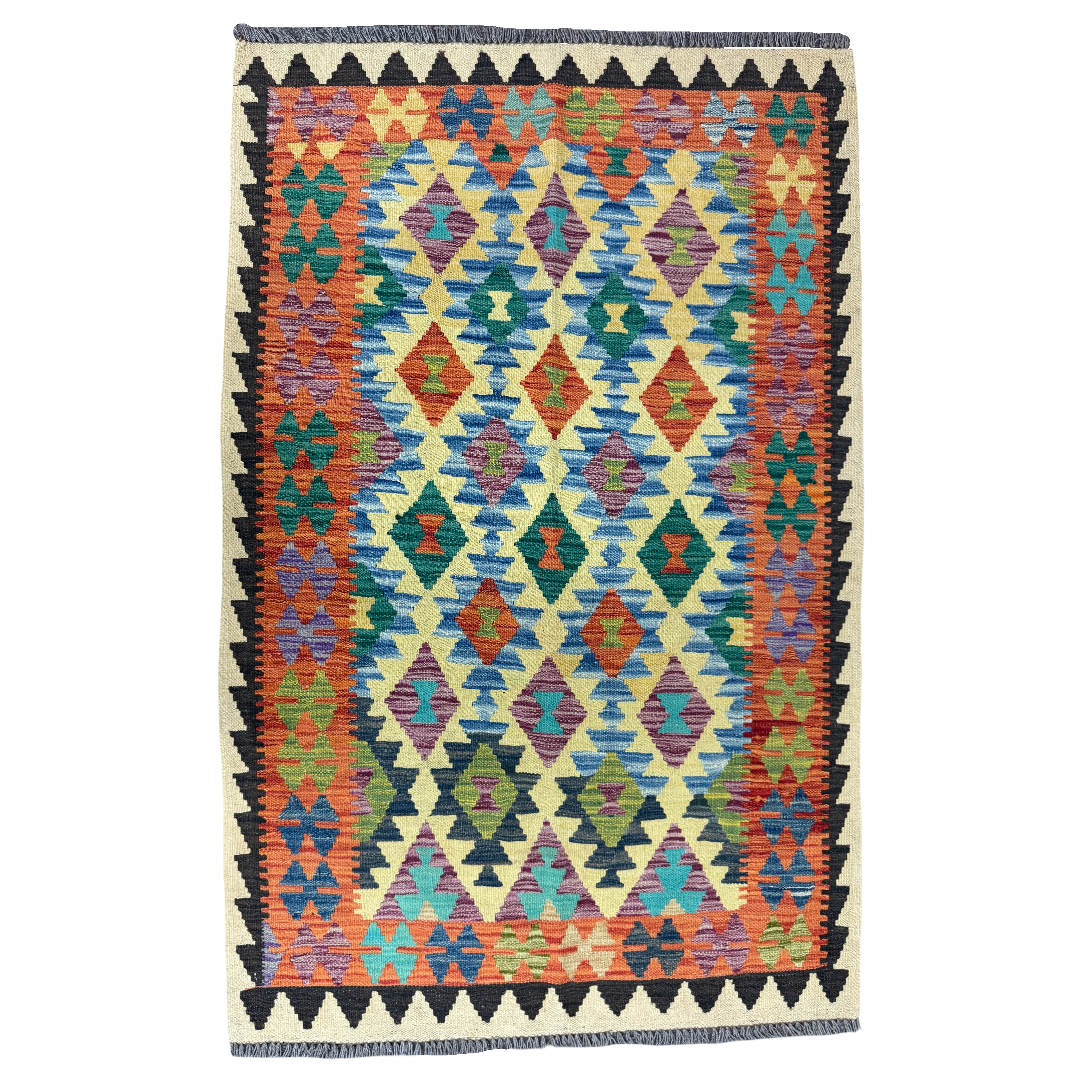 158 × 102 cm Hand-Woven Afghan Kilim Rug – Wool Flatweave