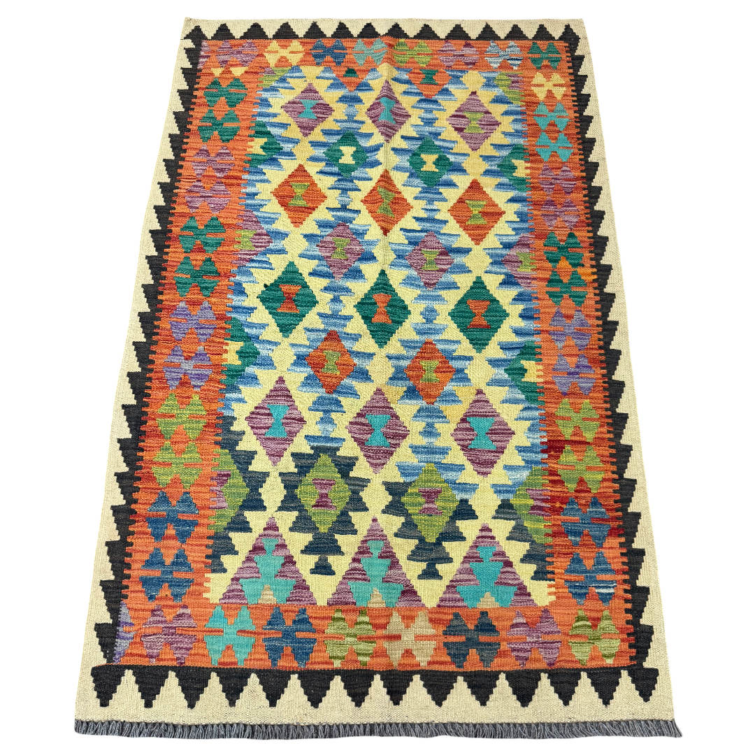 158 × 102 cm Hand-Woven Afghan Kilim Rug – Wool Flatweave