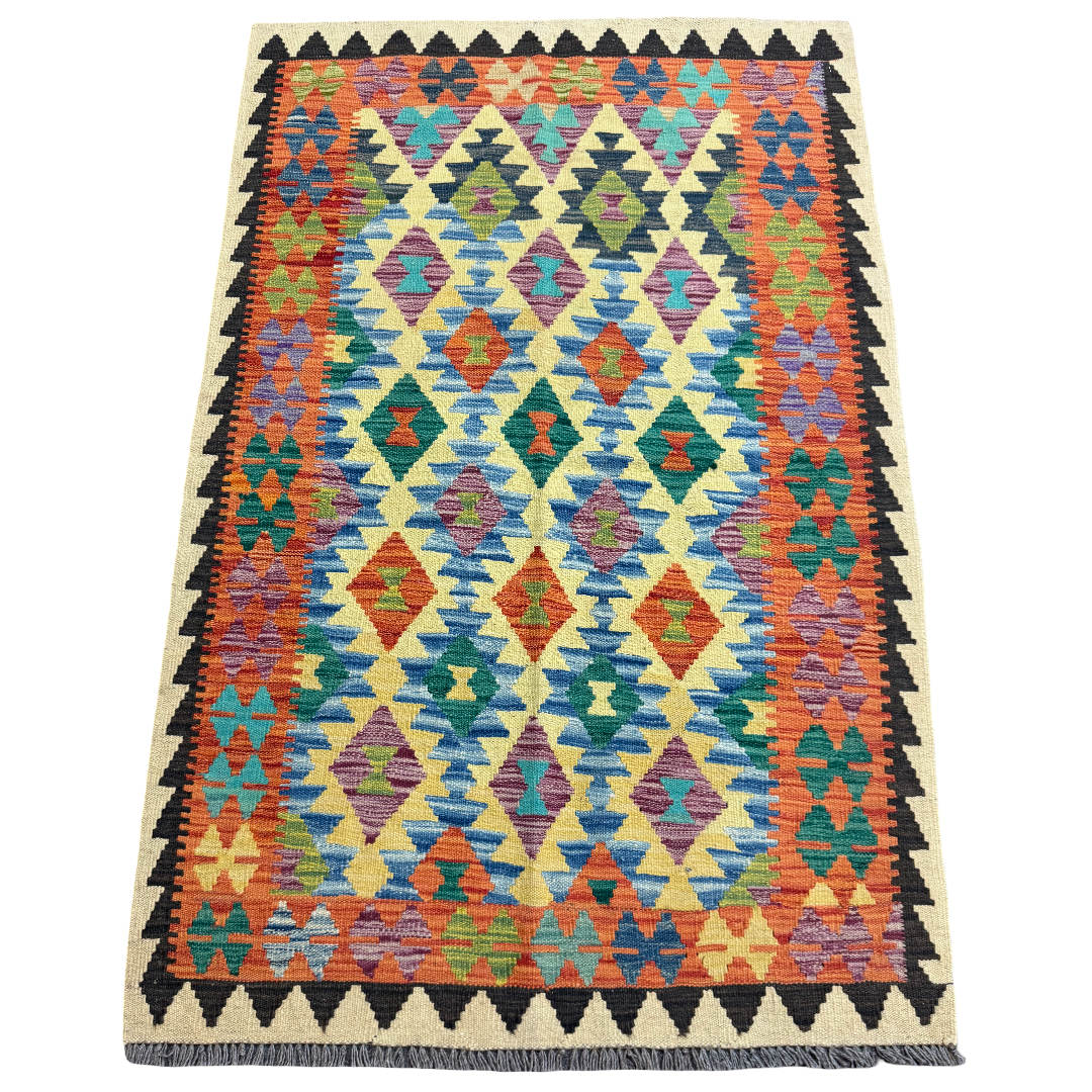 158 × 102 cm Hand-Woven Afghan Kilim Rug – Wool Flatweave