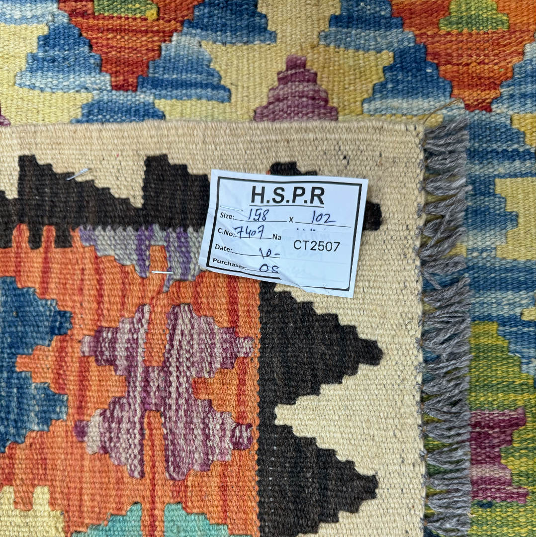 158 × 102 cm Hand-Woven Afghan Kilim Rug – Wool Flatweave