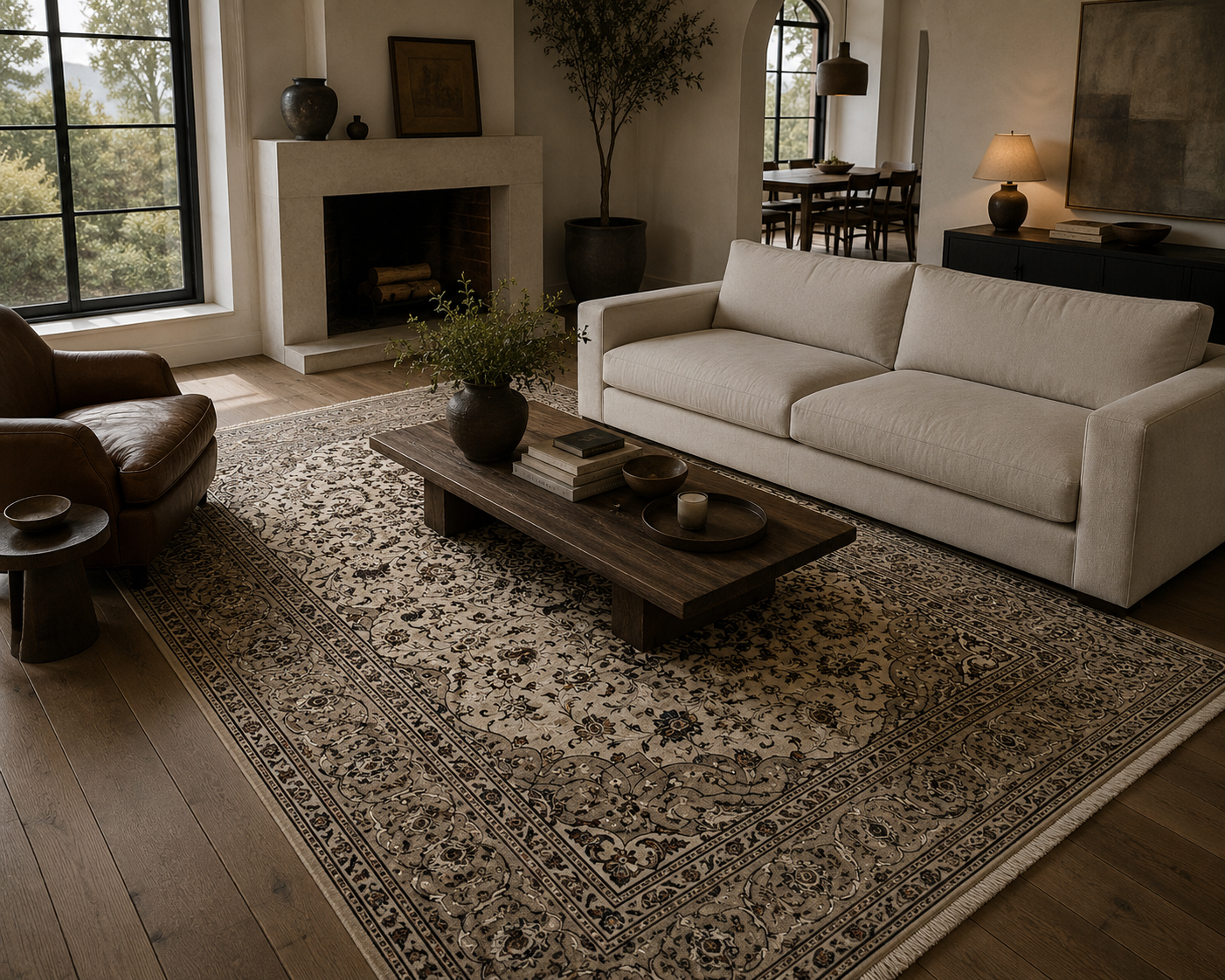 285 x 190 cm Hand-Knotted Persian Cream Kashan Wool Rug