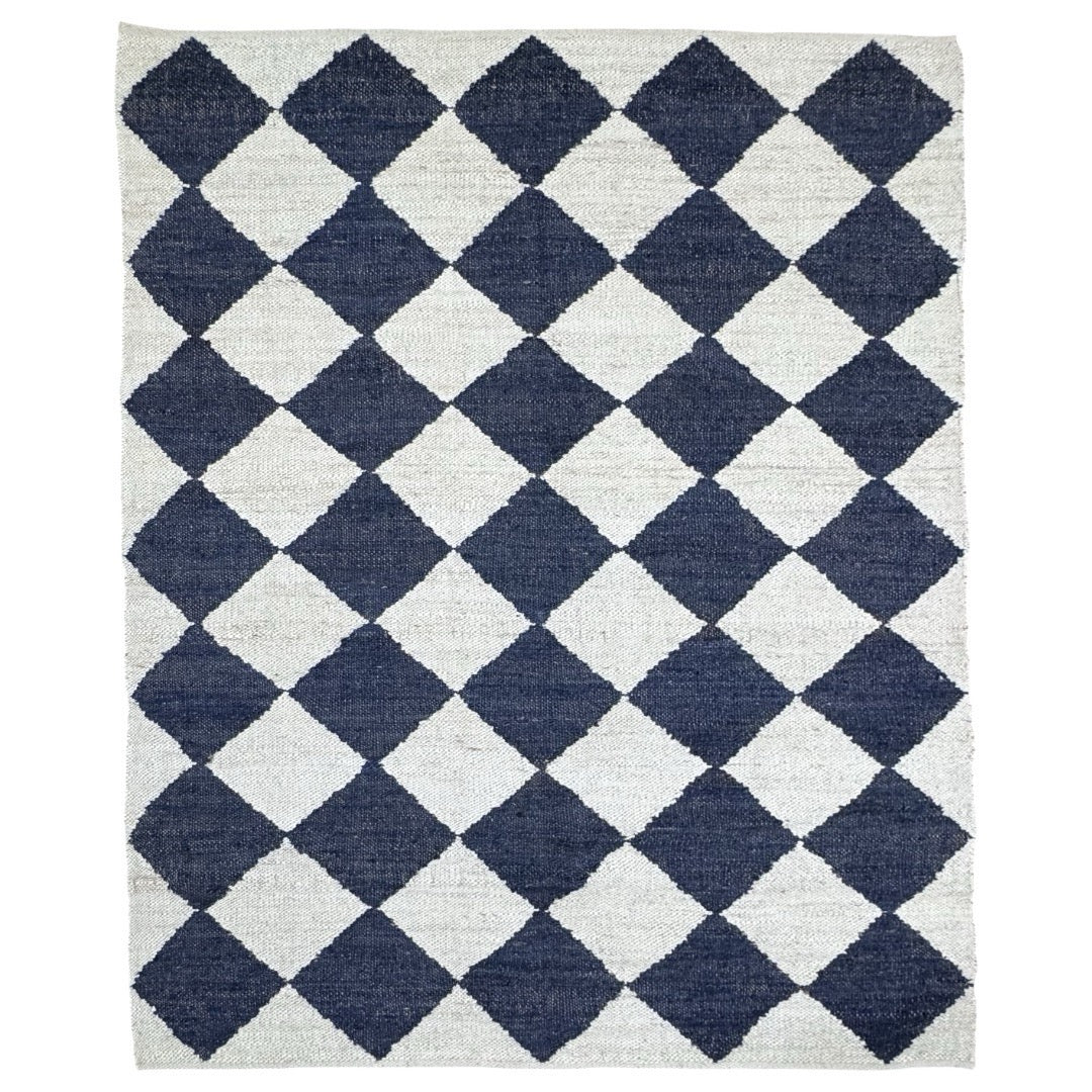 274 x 205 cm Handwoven Jute Rug – Natural & Navy Diamond Pattern