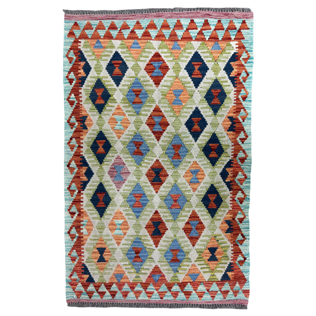 160 × 102 cm Hand-Woven Afghan Kilim Rug – Wool Flatweave