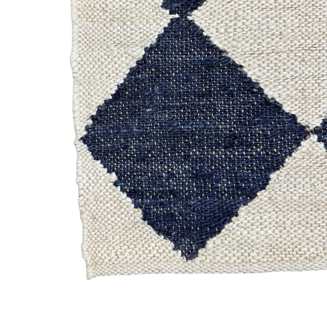 274 x 205 cm Handwoven Jute Rug – Natural & Navy Diamond Pattern