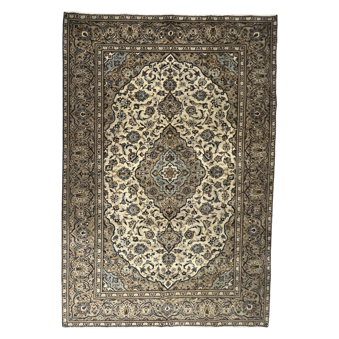 290 x 190 cm Hand-Knotted Persian Vintage Classic Ivory Kashan Rug
