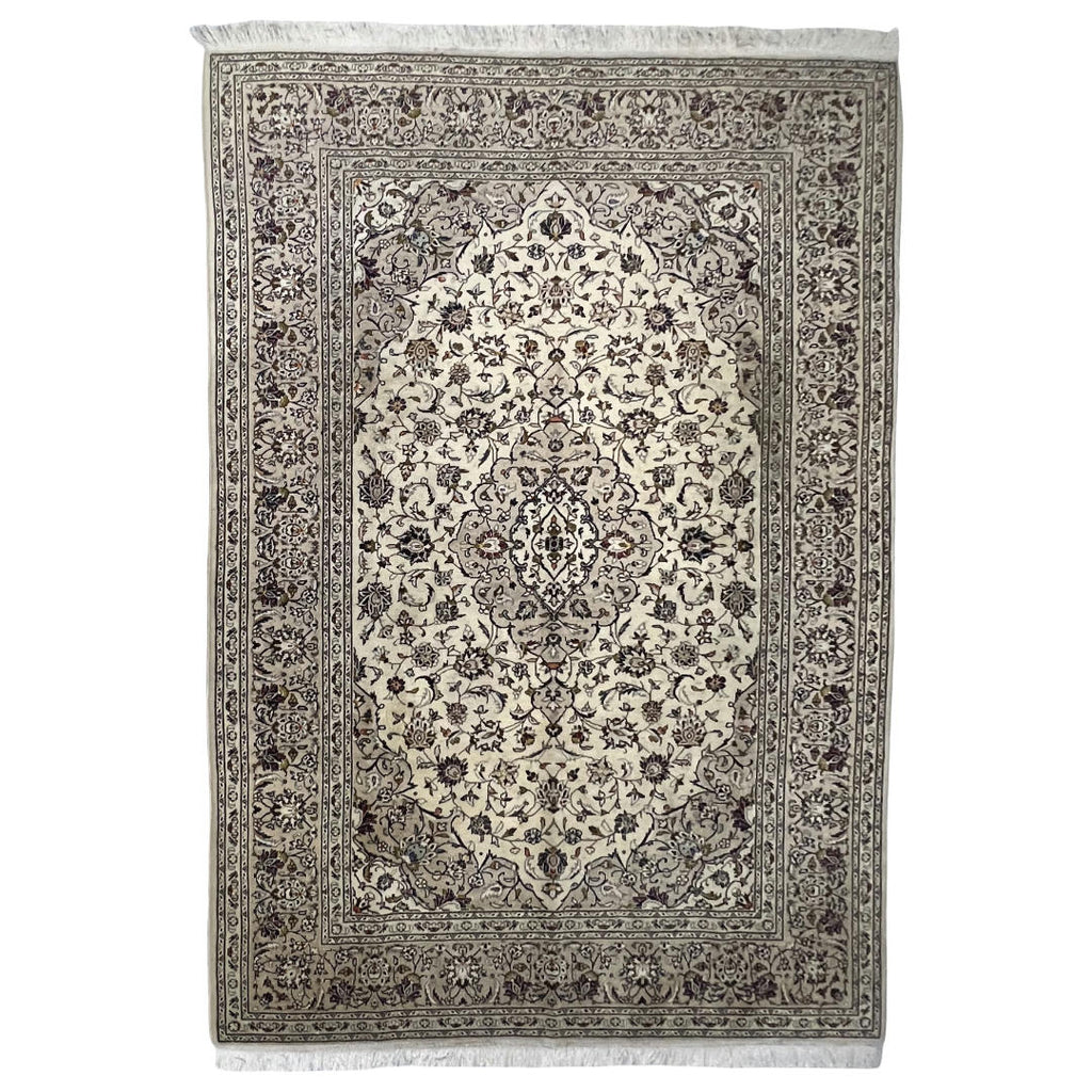290 x 193 cm Hand-Knotted Persian Floral Kashan Cream Rug