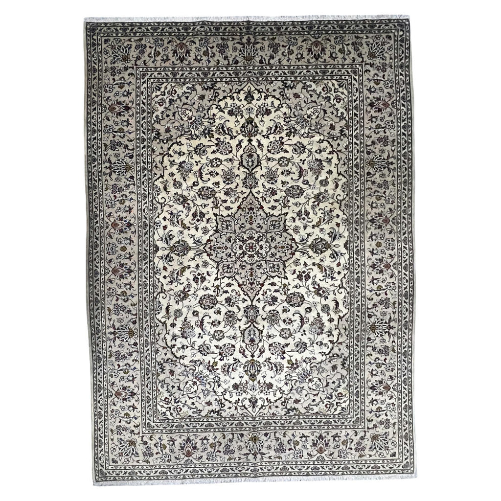 290 x 198 cm Hand-Knotted Persian Cream Kashan Wool Rug