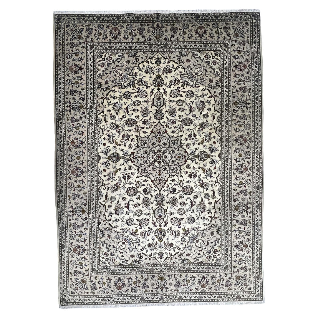 290 x 198 cm Hand-Knotted Persian Cream Kashan Wool Rug