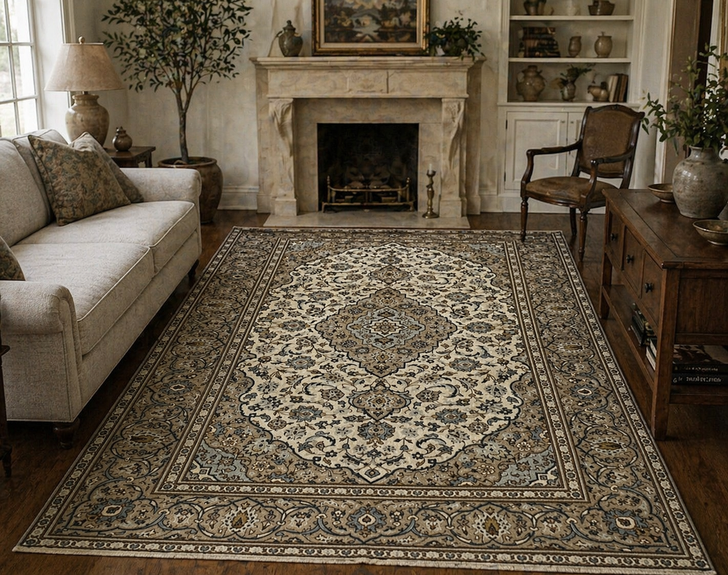 290 x 190 cm Hand-Knotted Persian Vintage Classic Ivory Kashan Rug