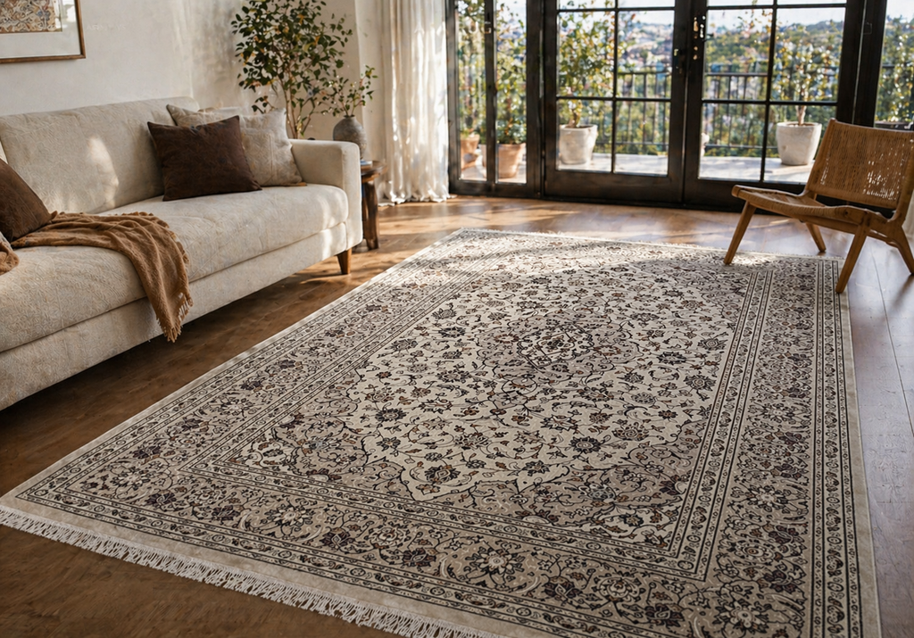 290 x 193 cm Hand-Knotted Persian Floral Kashan Cream Rug