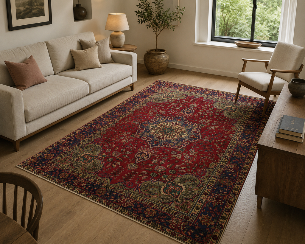 290 × 194 cm Persian Mashad Hand-Knotted Rug
