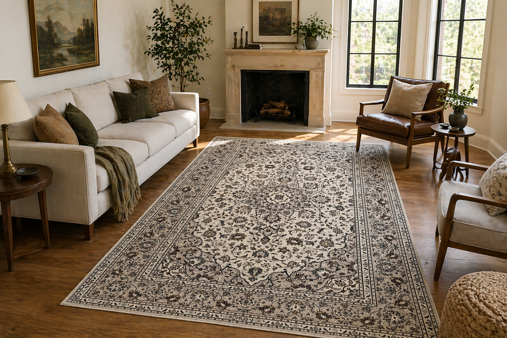 295 x 194 cm Hand-Knotted Persian Kashan Cream Rug