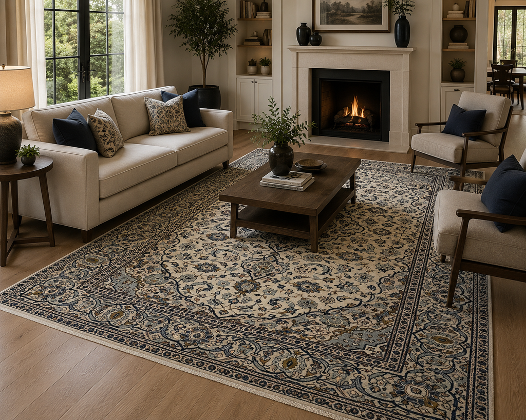 295 x 193 cm Hand-Knotted Persian Nain Ivory Wool Rug