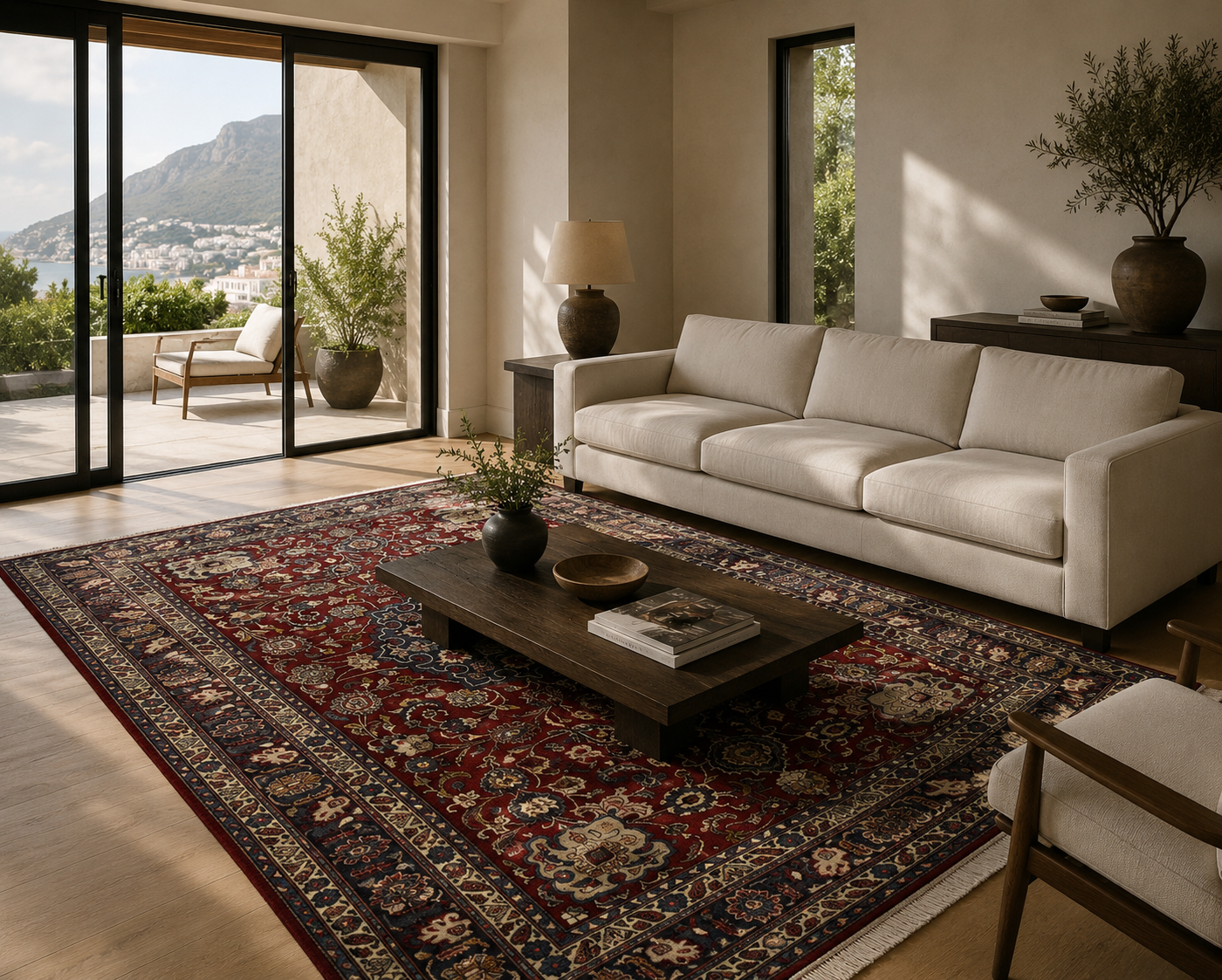 295 x 195 cm Hand-Knotted Persian Floral Mashad Wool Rug