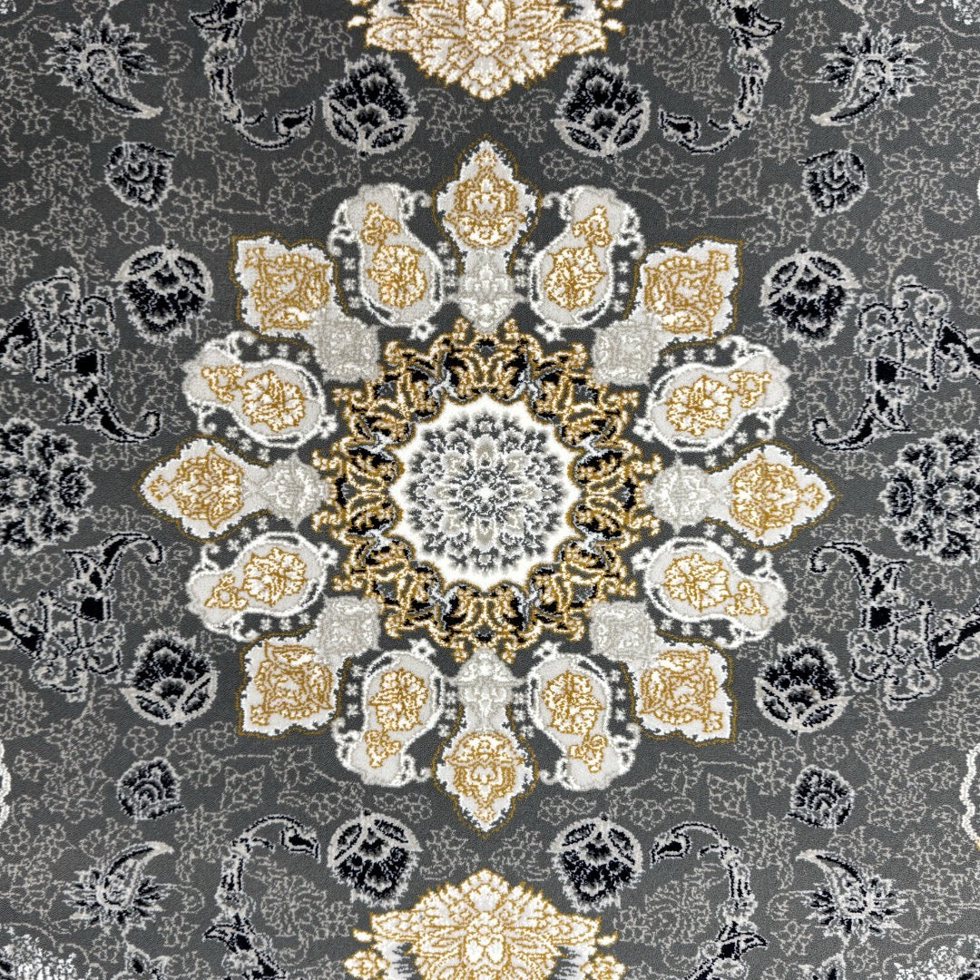 Charcoal and gold Persian rug detail