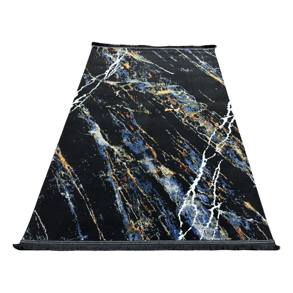 180 x 120 cm Black Blue Cosmic Marble Pattern Turkish Rug