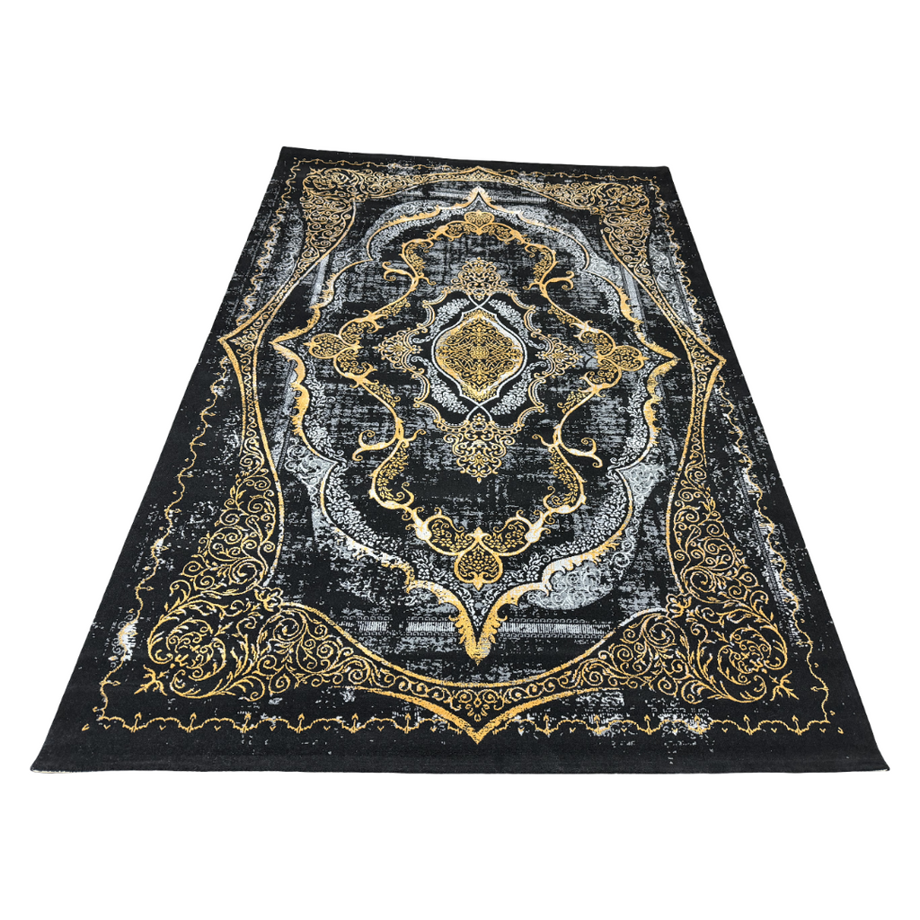 230 x 160 cm Black & Gold Distressed Medallion Fringeless Persian Style Rug