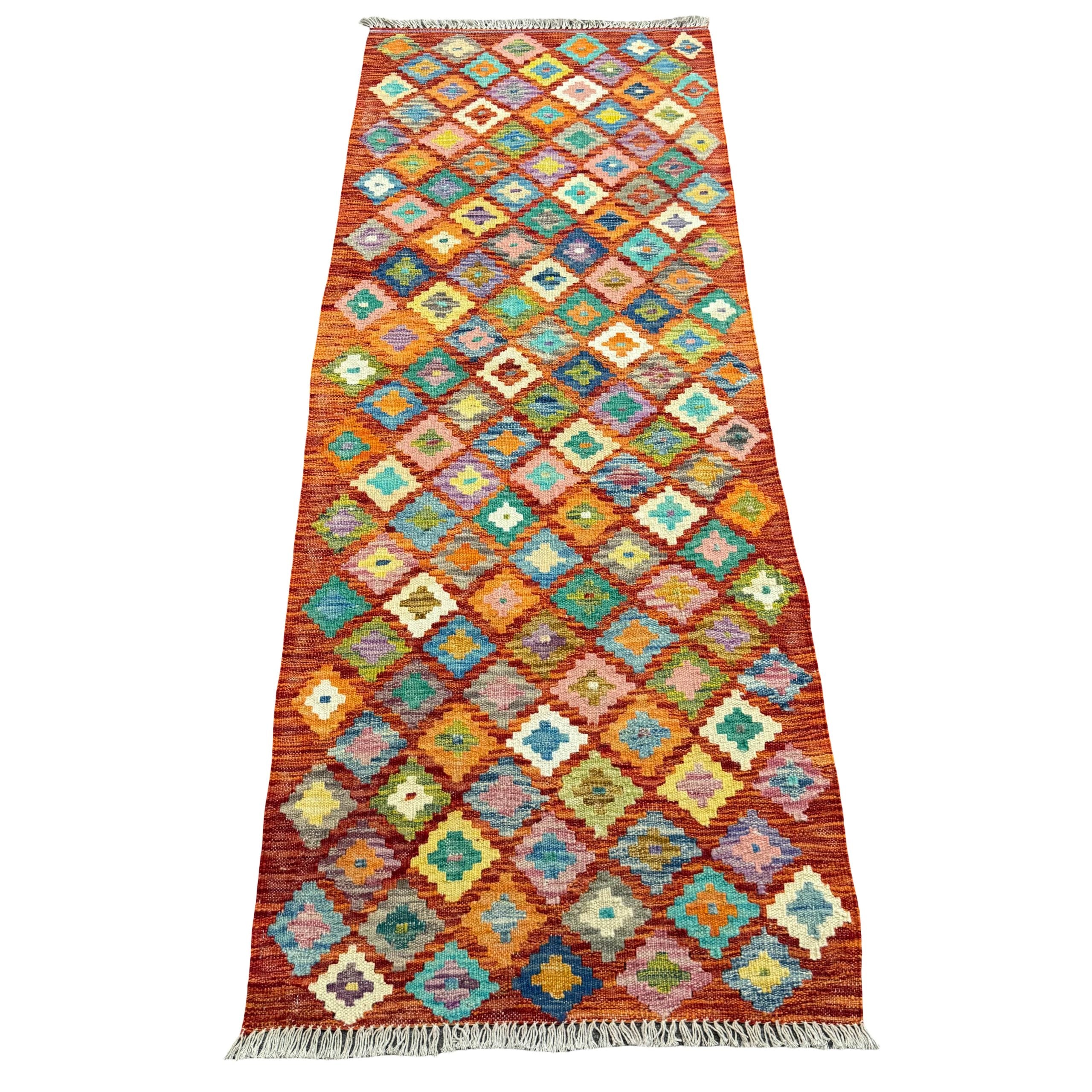 202 x 76 cm Hand-Woven Afghan Kilim Runner Rug – Wool Flatweave