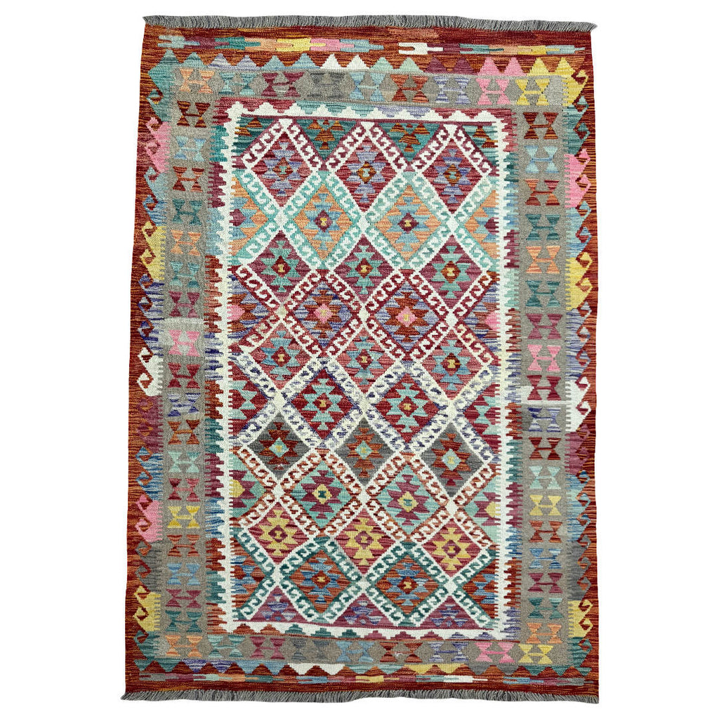 215 × 152 cm Hand-Woven Afghan Kilim Rug – Wool Flatweave