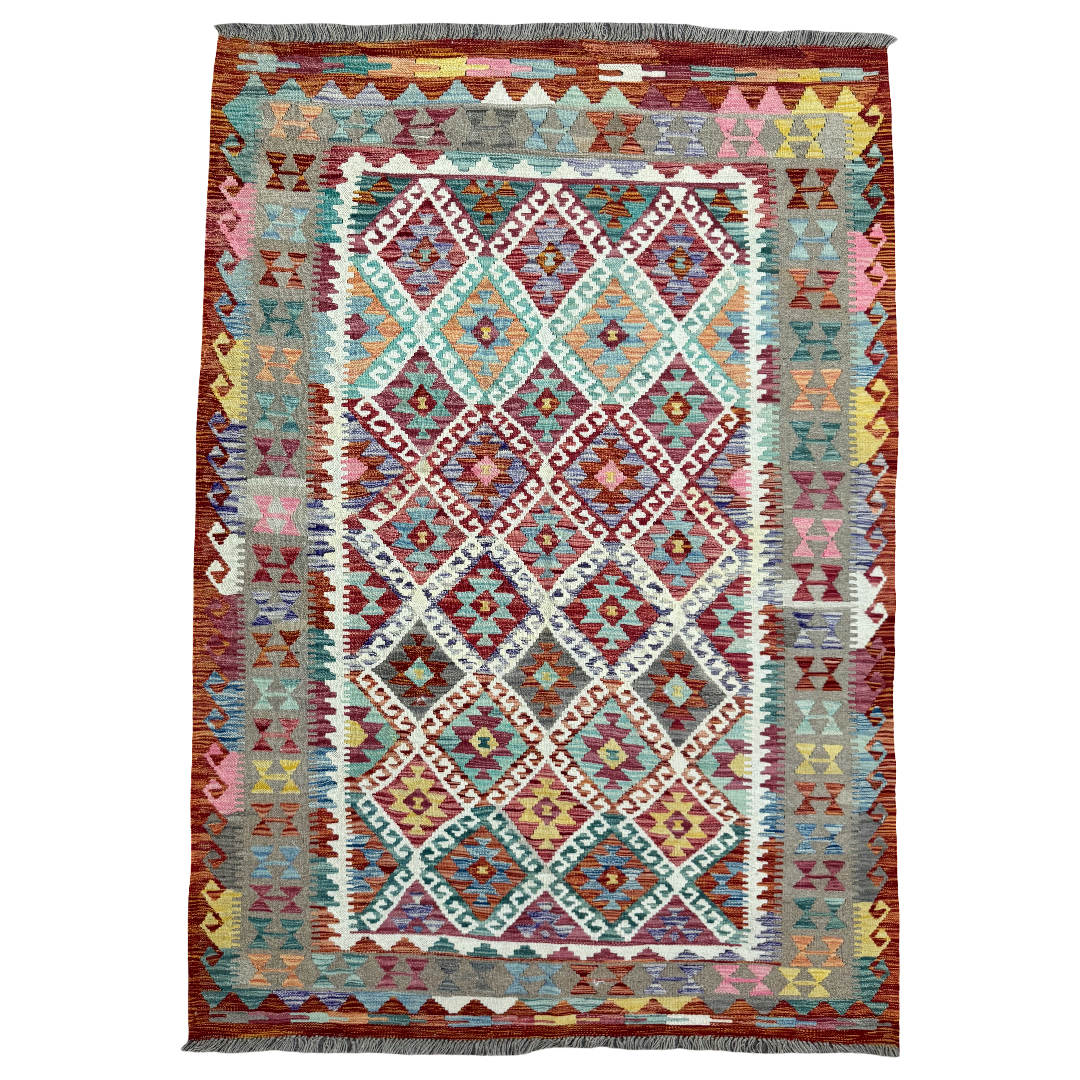 215 × 152 cm Hand-Woven Afghan Kilim Rug – Wool Flatweave