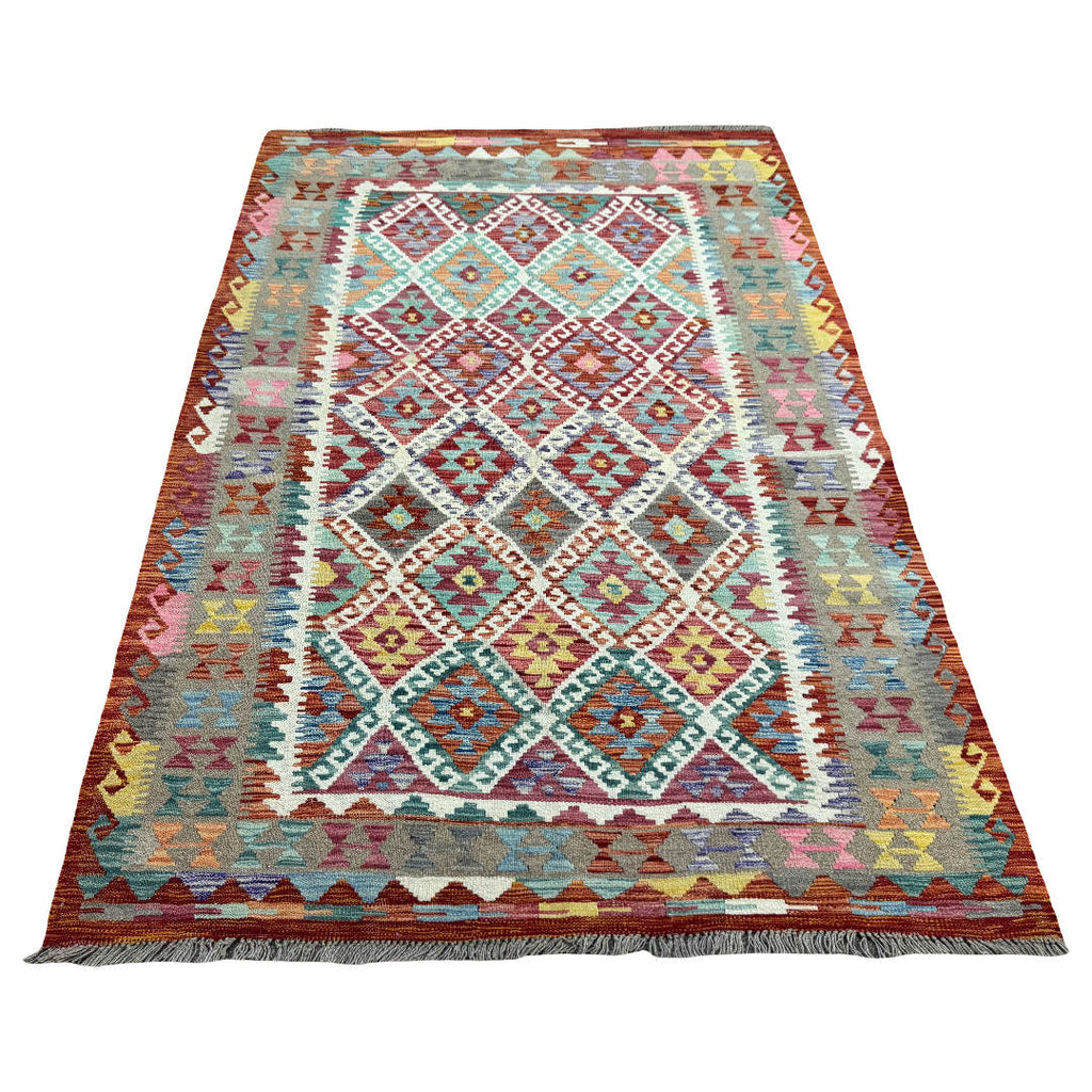 215 × 152 cm Hand-Woven Afghan Kilim Rug – Wool Flatweave