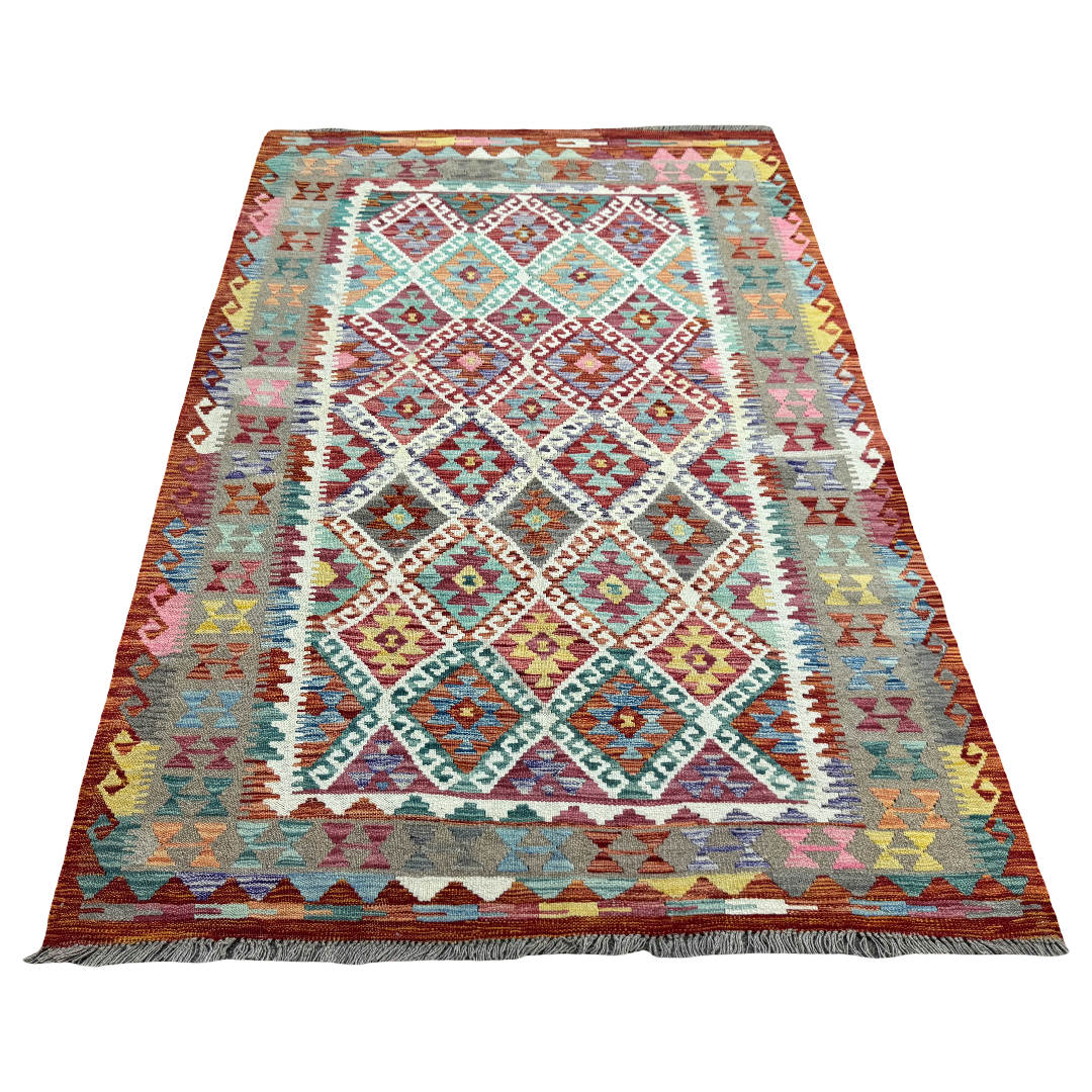 215 × 152 cm Hand-Woven Afghan Kilim Rug – Wool Flatweave