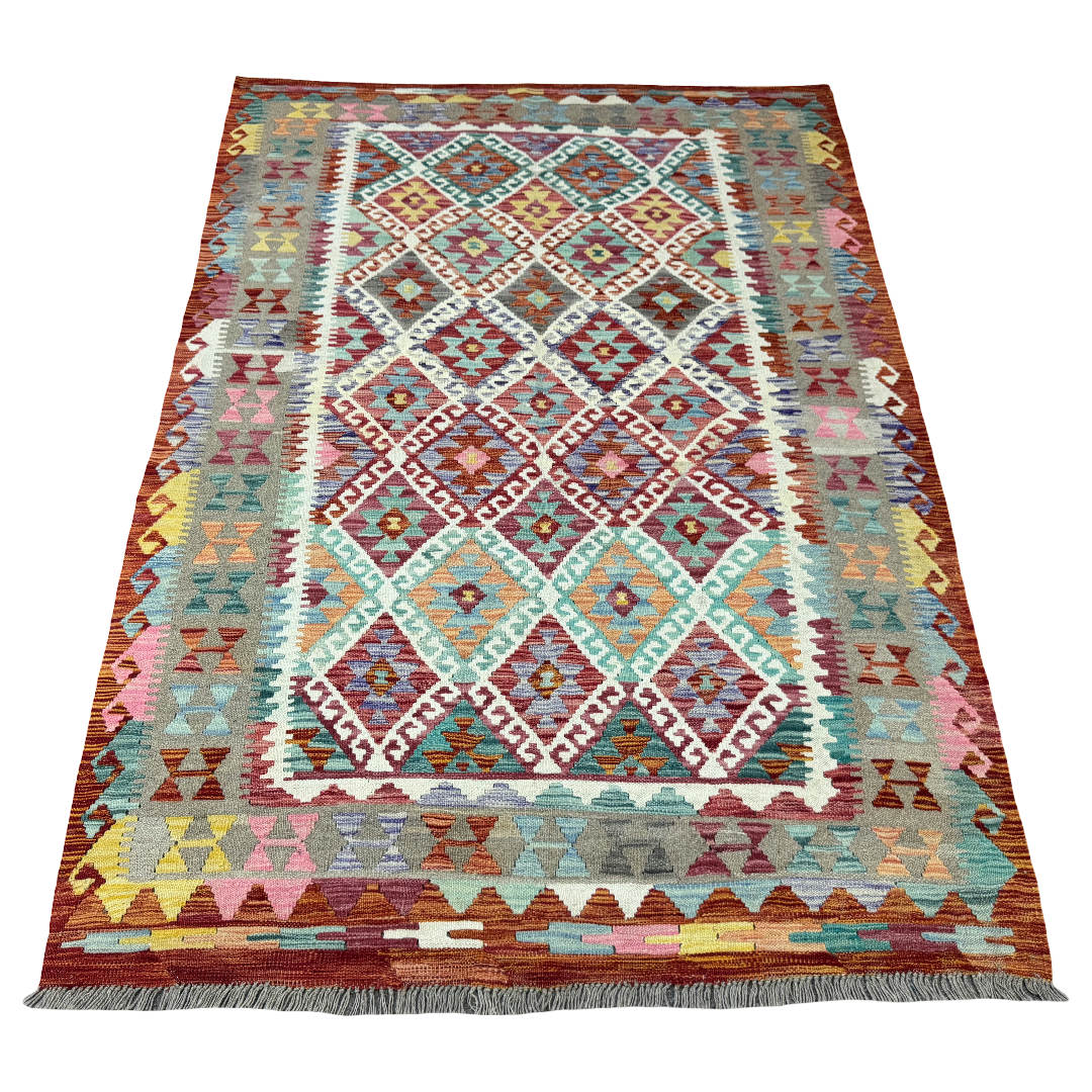 215 × 152 cm Hand-Woven Afghan Kilim Rug – Wool Flatweave