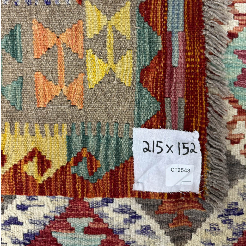 215 × 152 cm Hand-Woven Afghan Kilim Rug – Wool Flatweave