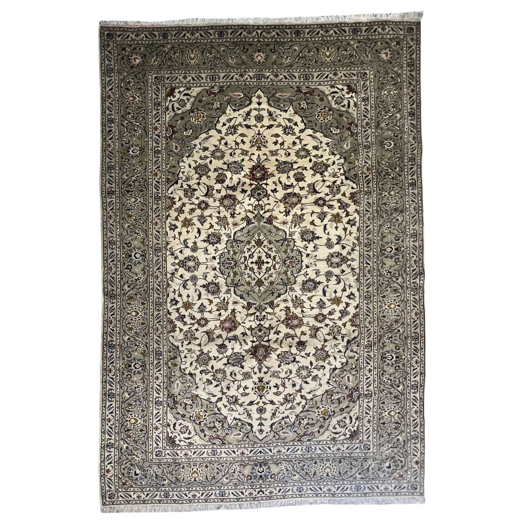 300 x 198 cm Hand-Knotted Persian Floral Kashan Cream Rug