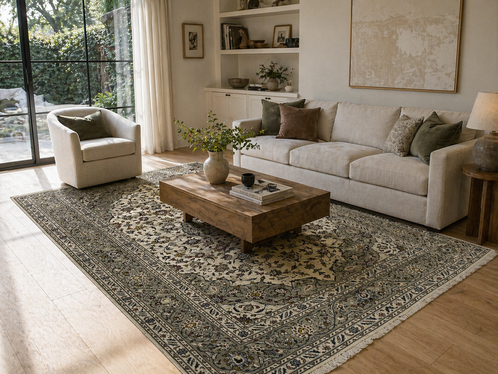 300 x 198 cm Hand-Knotted Persian Floral Kashan Cream Rug