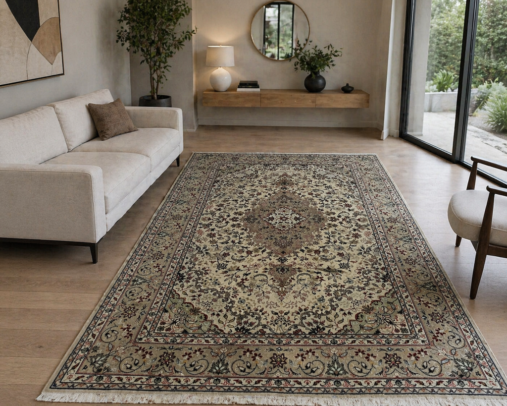 305 x 195 cm Hand-Knotted Persian Floral Kashan Cream Rug