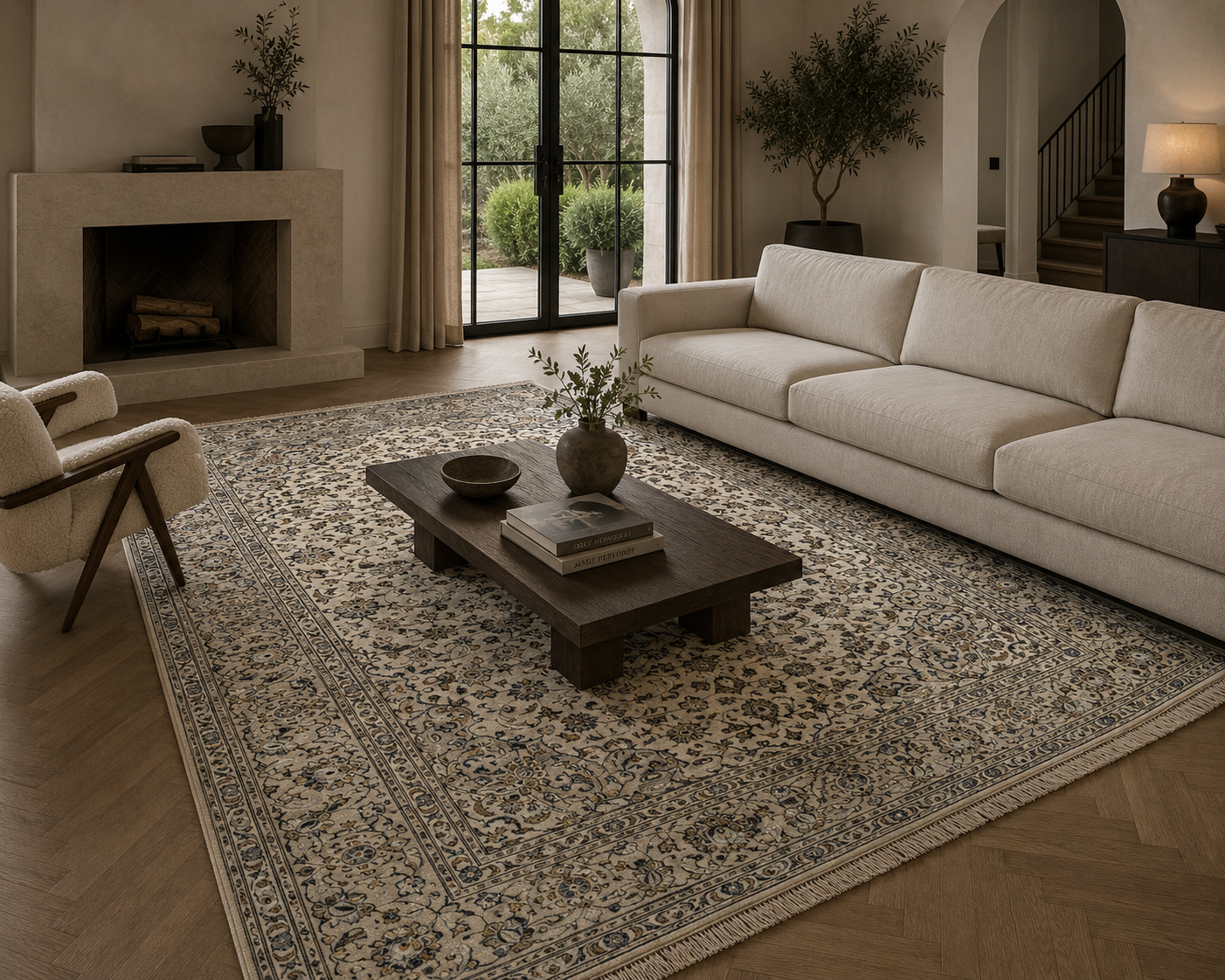 310 x 212 cm Hand-Knotted Persian Cream Kashan Rug
