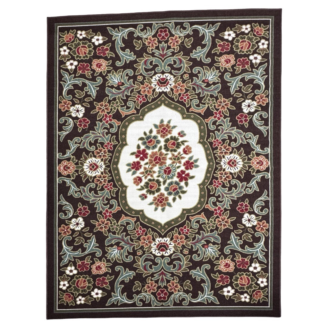 275 x 200 cm French Garden on Chocolate Brown Non-Slip Area Rug
