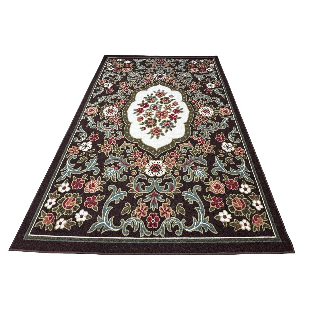 275 x 200 cm French Garden on Chocolate Brown Non-Slip Area Rug
