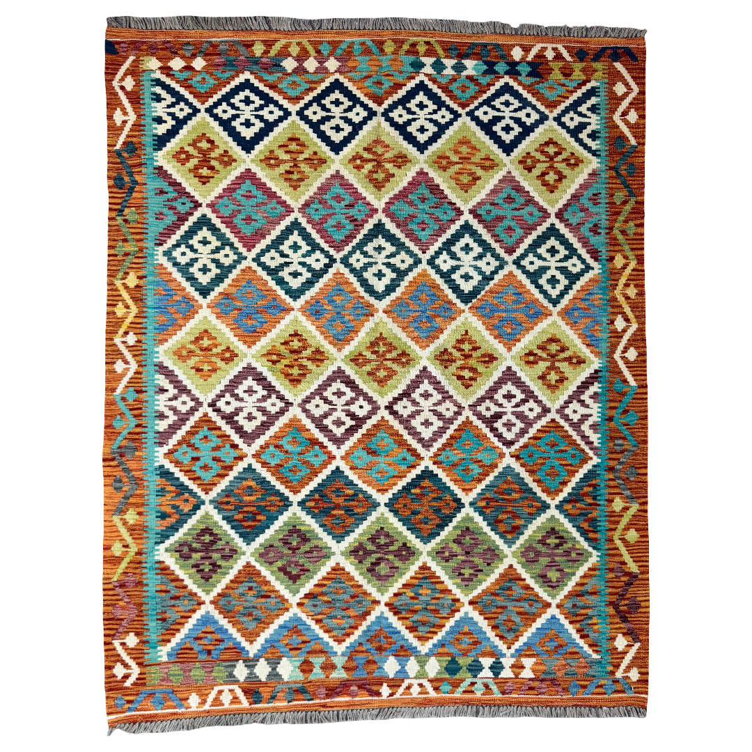 205 × 158 cm Hand-Woven Afghan Kilim Rug – Wool Flatweave