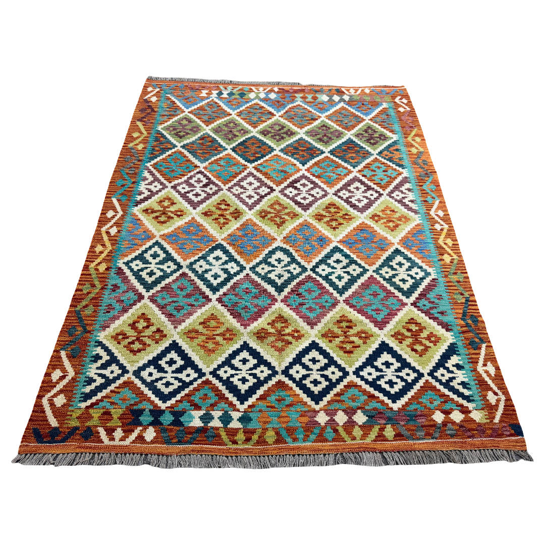 205 × 158 cm Hand-Woven Afghan Kilim Rug – Wool Flatweave