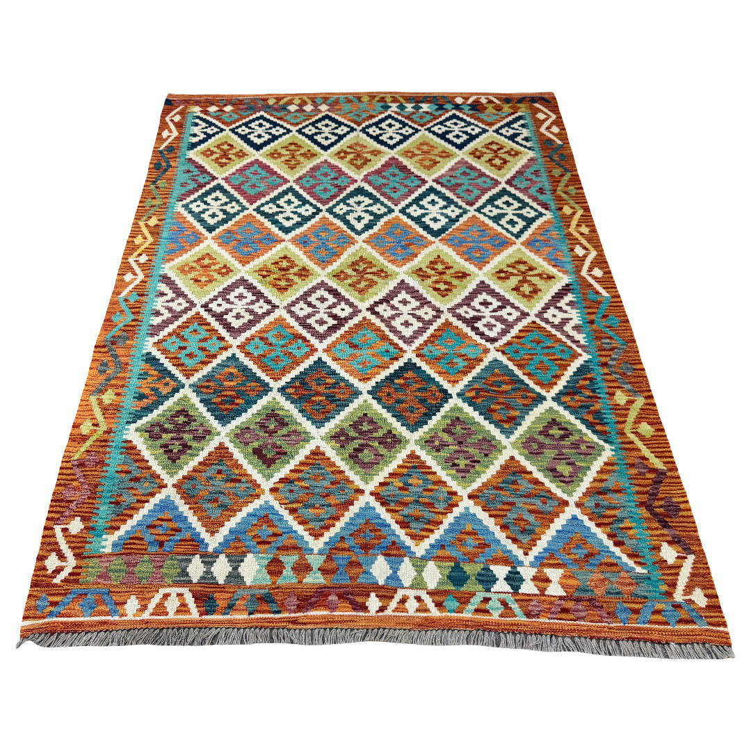 205 × 158 cm Hand-Woven Afghan Kilim Rug – Wool Flatweave