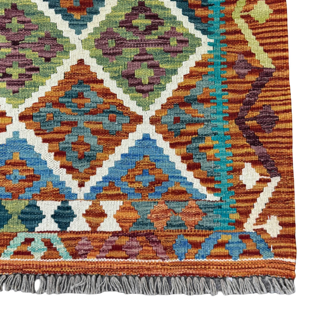 205 × 158 cm Hand-Woven Afghan Kilim Rug – Wool Flatweave