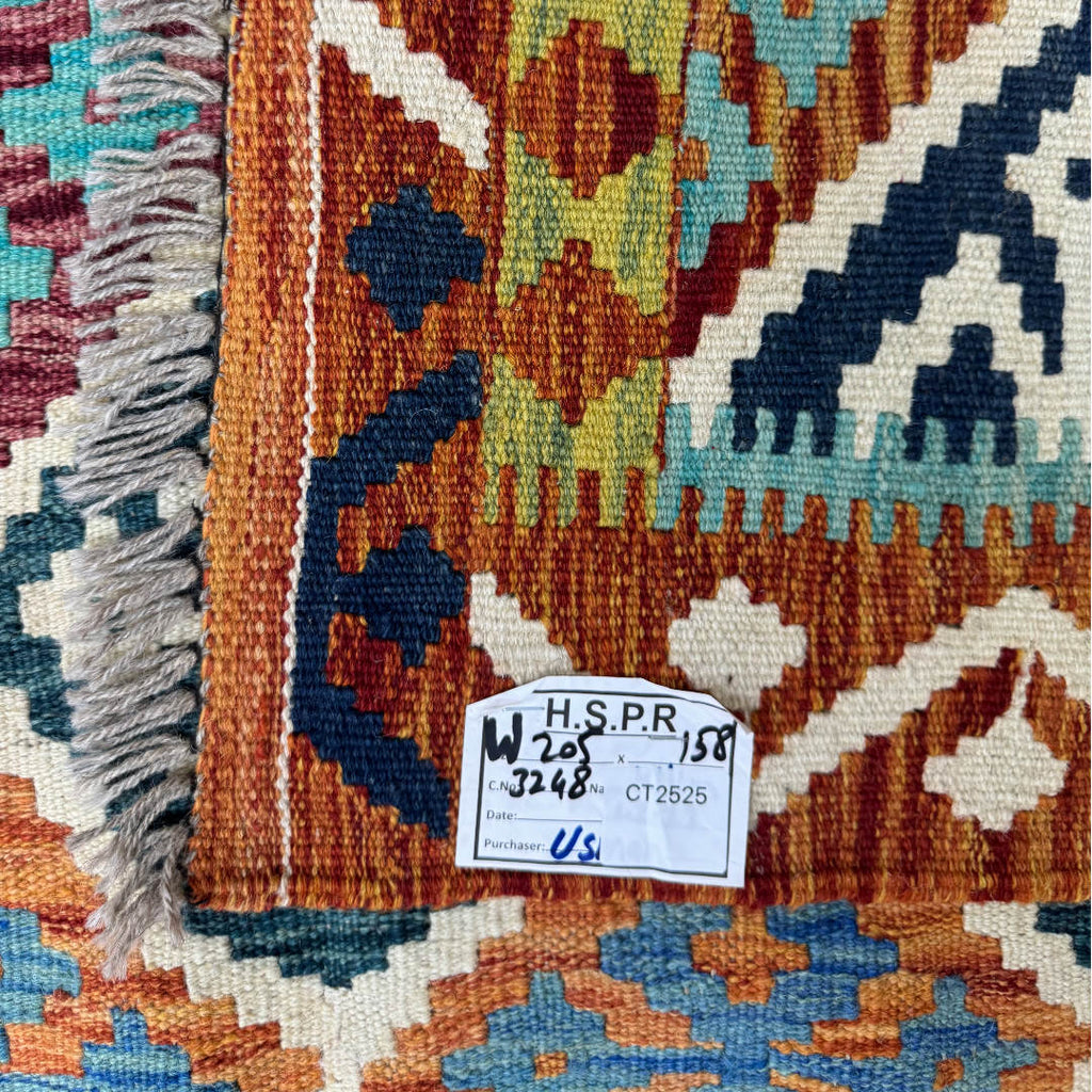 205 × 158 cm Hand-Woven Afghan Kilim Rug – Wool Flatweave